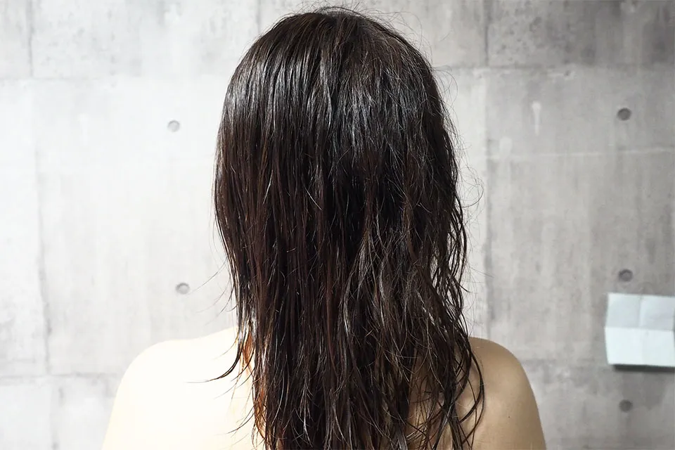 エメリルヘアオイルを濡れた髪に伸ばした画像