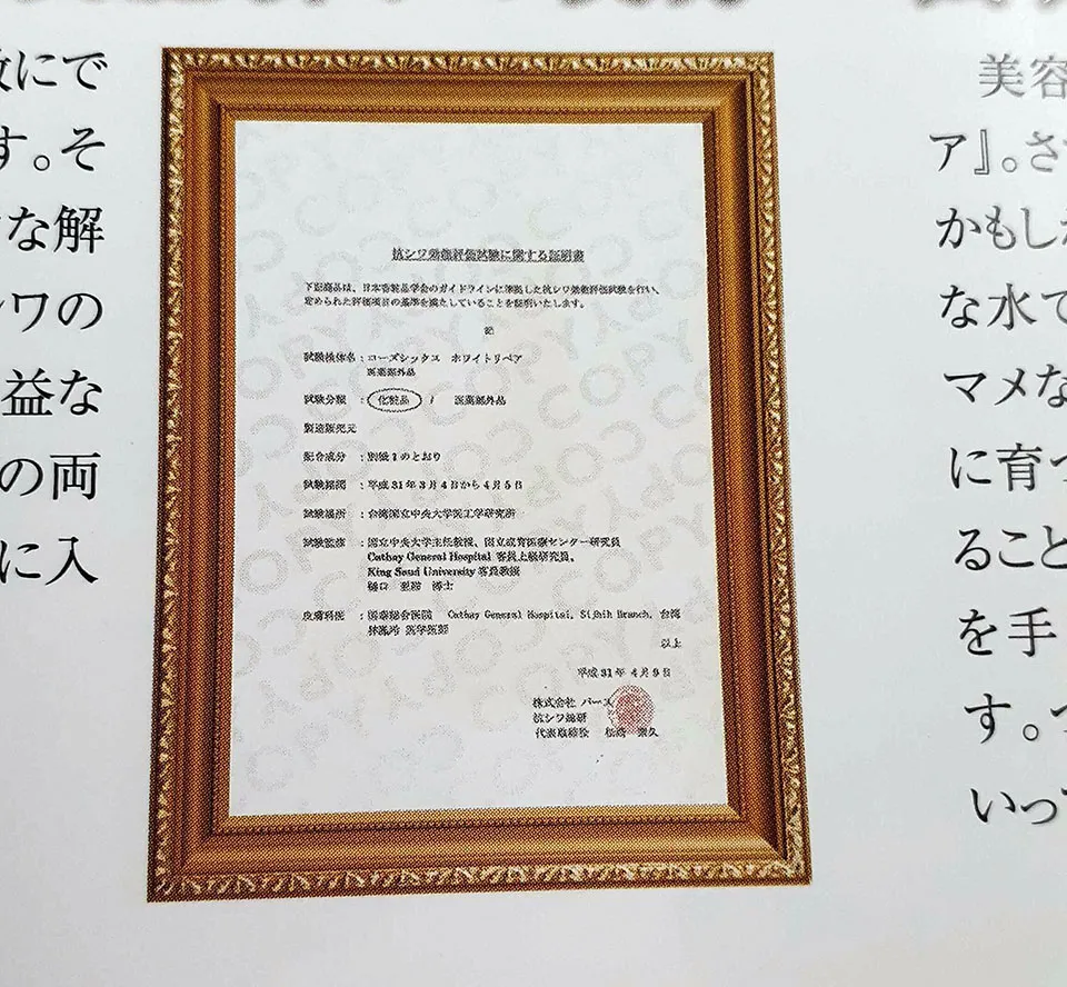 コーズシックス抗シワ効能評価の証明写真