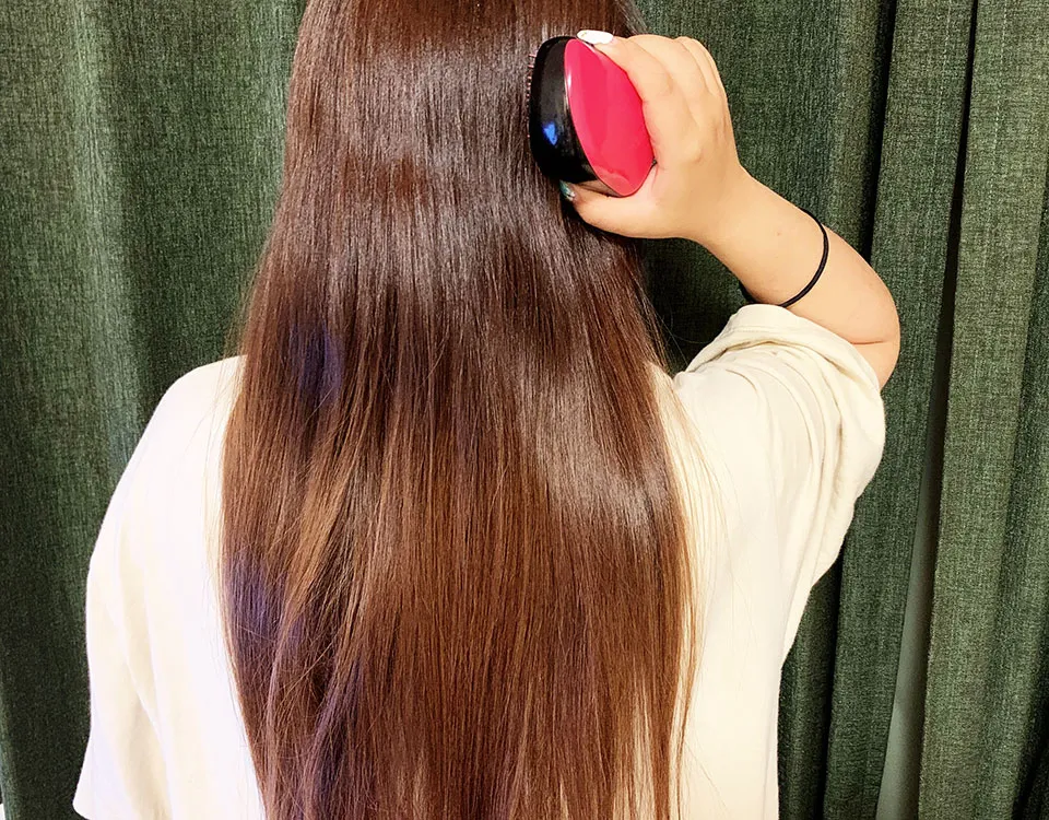 シャンプー前にブラシを使っている画像