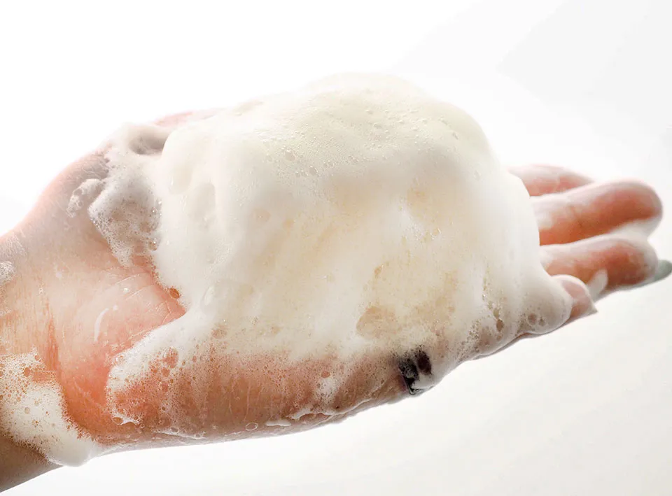 クロハシャンプーの泡を手に持っている写真