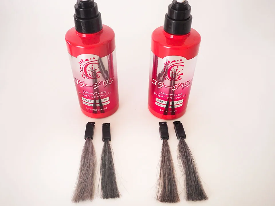 コラージワン オールインカラーシャンプーのボトルと染毛写真