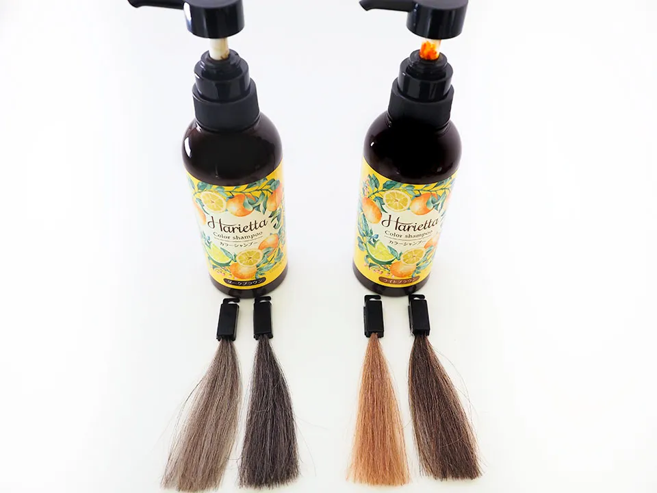 ハリエッタカラーシャンプーのボトルと染毛写真