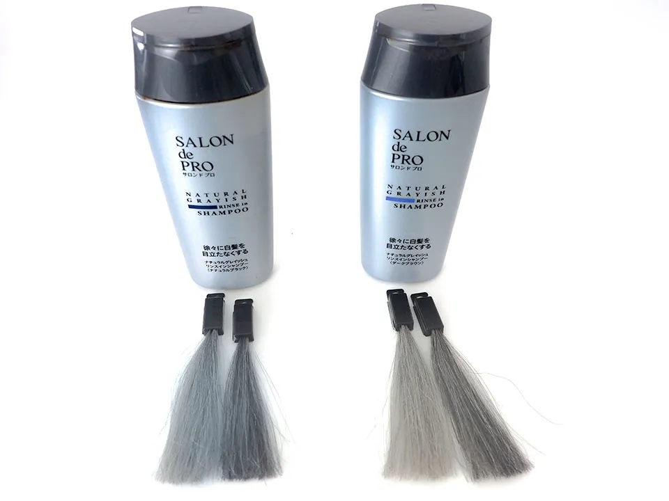 サロンドプロナチュラルグレイッシュのボトルと染毛写真