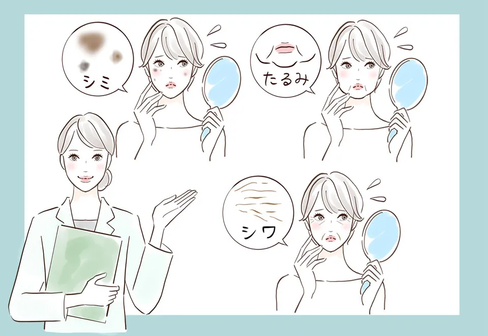 肌悩みを解説する女性のイラスト