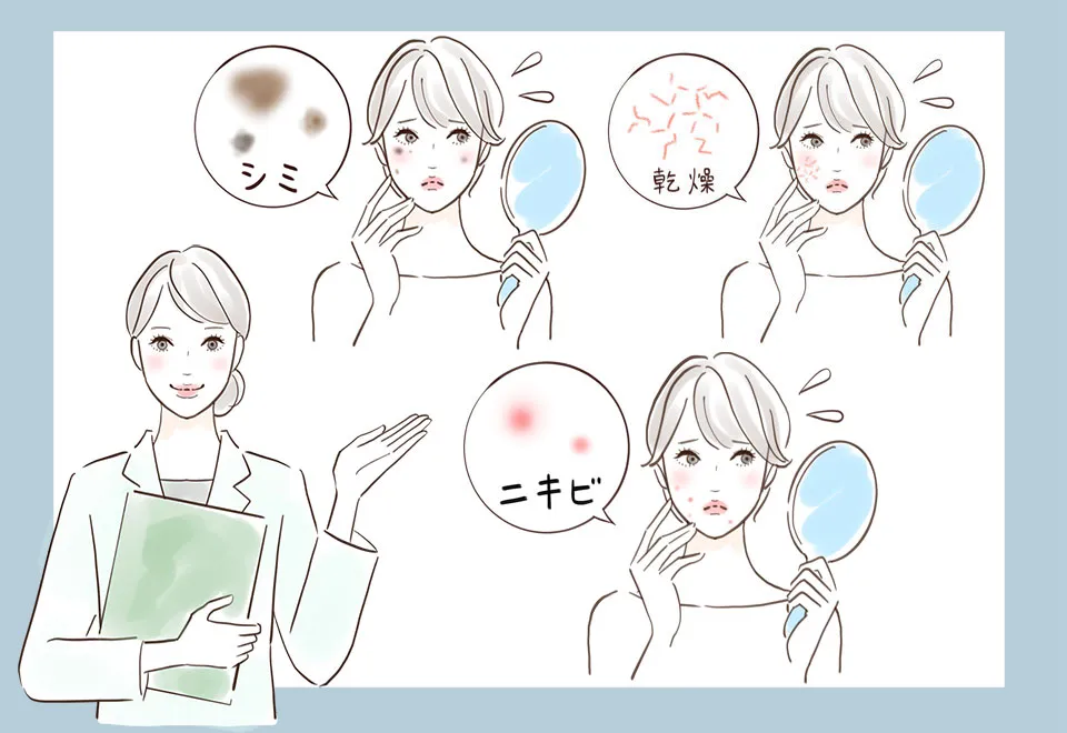 肌トラブルに悩む若年層の女性イラスト