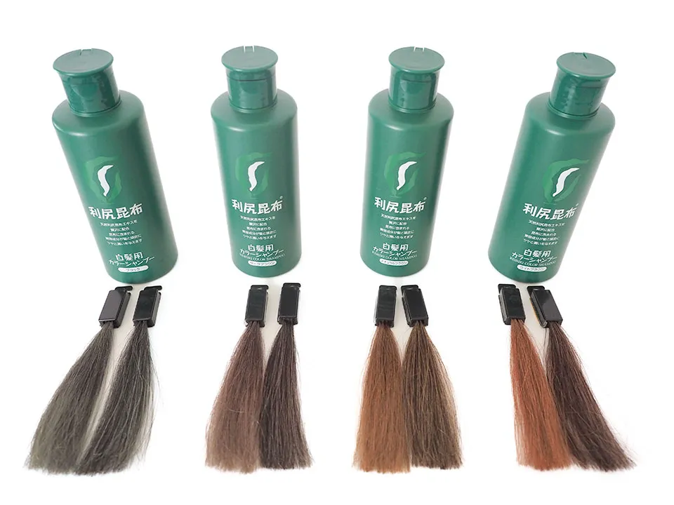 利尻カラーシャンプーの商品写真と染毛写真