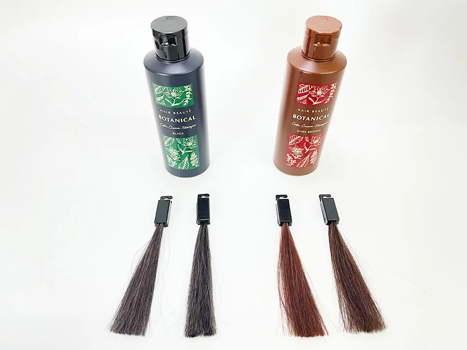 ボタニカルカラークリームシャンプーの商品画像と染毛毛束の画像