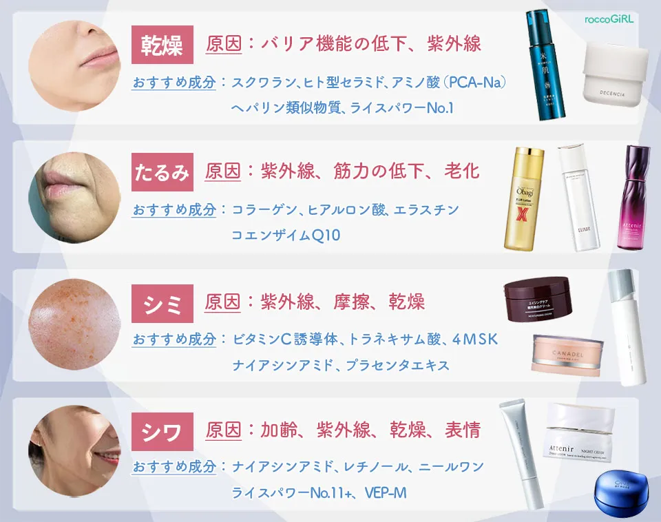 肌悩みの解説シミシワ乾燥たるみ