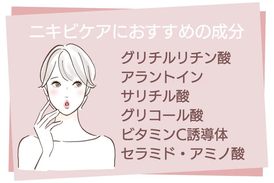 ニキビケアにおすすめの成分を紹介する女性イラスト