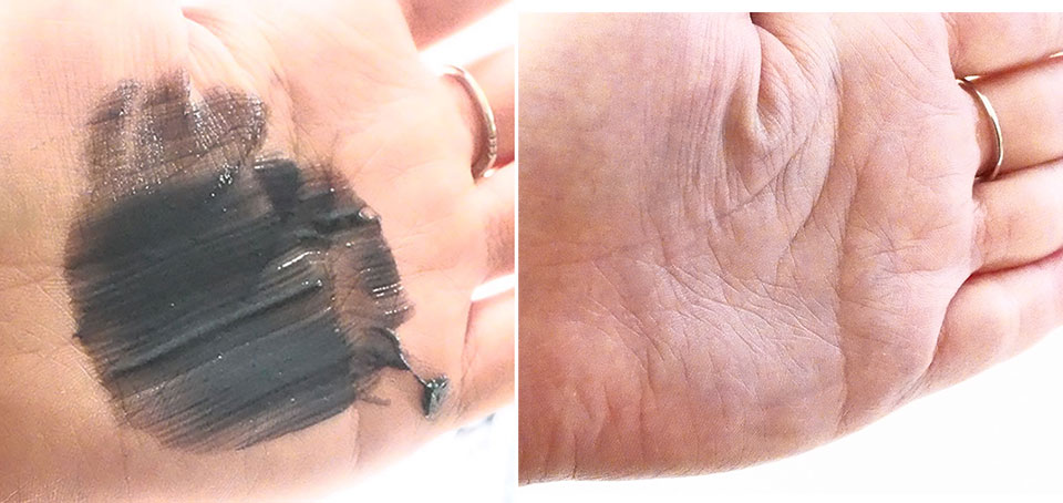 プリオールを手に乗せたあとの手への色残り画像