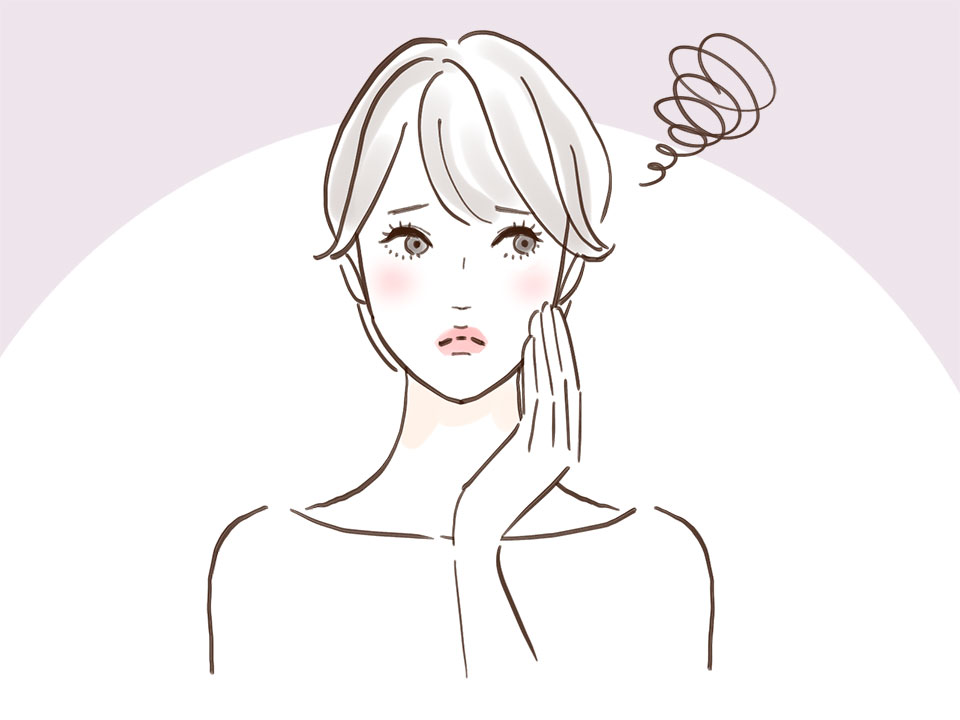 頬に手を当てて悩む女性のイラスト