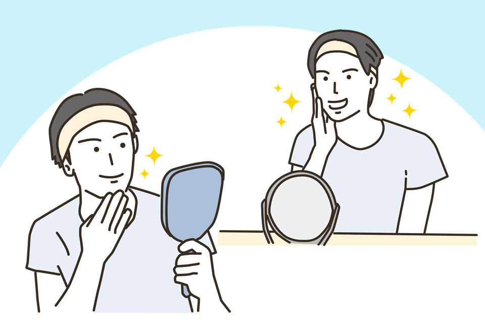 メンズがスキンケアの仕上がりを確認しているイラスト